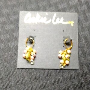 Cookie Lee Earrings,Pearl/Crystal beads dangle Gold Lever back, New.